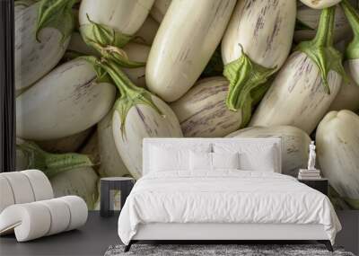 Top view of white and purple striped eggplants with green stems Wall mural