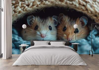 Two cute hamsters relaxing in a cozy wool blanket Wall mural