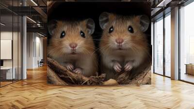 Two cute mice peeking out of a hole in a tree trunk Wall mural