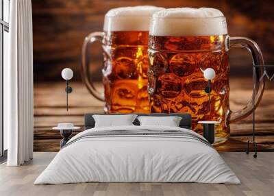 Two glass beer mugs sitting on rustic wood table Wall mural