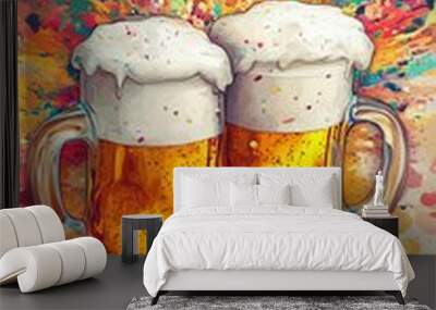 Two glasses of beer standing on a colorful background, with overflowing foamy heads making a big splash. Perfect for brewery, bar and oktoberfest visuals Wall mural