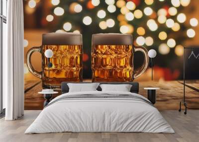 Two mugs full of beer are sitting on a wooden table with a lit christmas tree in the background. The warm lighting creates a cozy atmosphere Wall mural