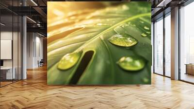 Vibrant green monstera leaf catching sparkling water drops Wall mural