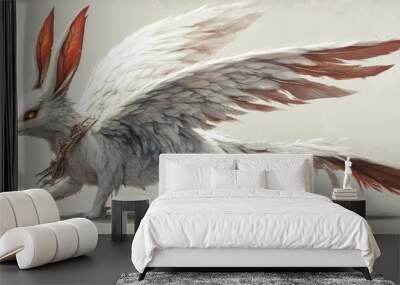 White rabbit with red tipped wings walking gracefully Wall mural