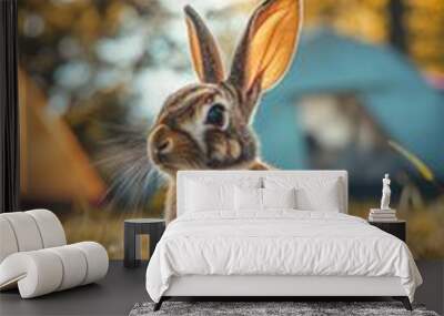 Wild rabbit enjoying camping life in the forest Wall mural