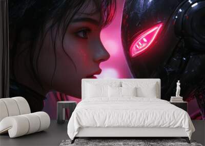 Woman and robot sharing intimate moment in cyberpunk city Wall mural