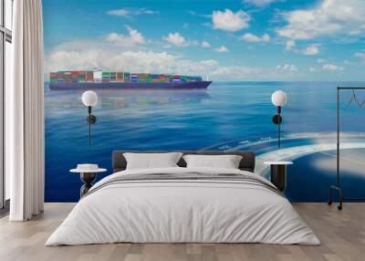 Compass and container ship, vessel, boat blue summer sea ocean day with bright sky. Wall mural