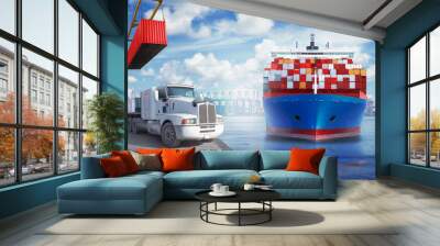 Front view from bow of a large blue shipping container ship on a container terminal with dock and offloading truck. Wall mural