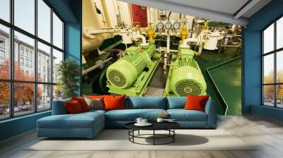 Panoramic view of electric motors on a merchant ship in the engine room Wall mural