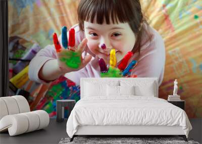 cute little girl with painted hands Wall mural