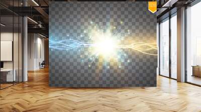 Collision of two forces with gold and blue light. Vector illustration. Hot and cold sparkling power. Energy lightning with electric discharge Wall mural