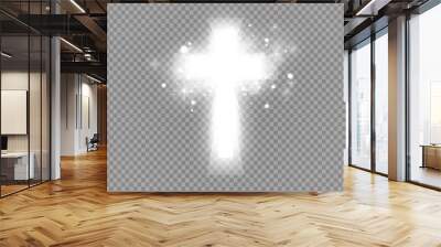 Shining white cross and sunlight special lens flare light effect on transparent background. Glowing saint cross. Vector illustration Wall mural