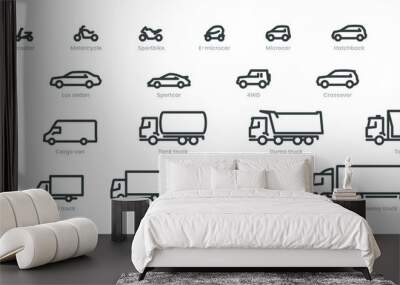 big set car icons, different transport types Wall mural