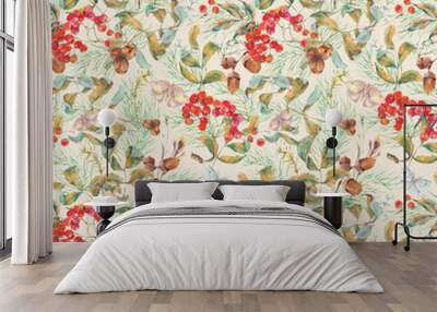 Autumn seamless pattern with branches of rowan Wall mural