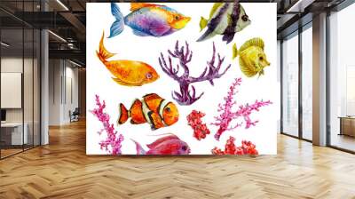 Marine set of Watercolor Vector Tropical Fish, Seaweed Coral Wall mural