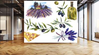 Set of watercolor branches olive oil, lavender, landscape Wall mural