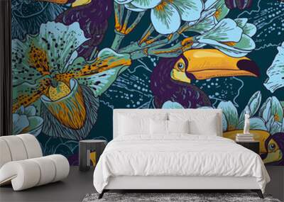 Tropical seamless parrern with flowers and Toucan Wall mural