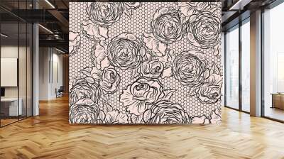 Vintage monochrome roses pattern with lace Wall mural