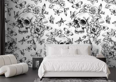 Vintage seamless pattern with goth skull, butterdlies and flowers Wall mural