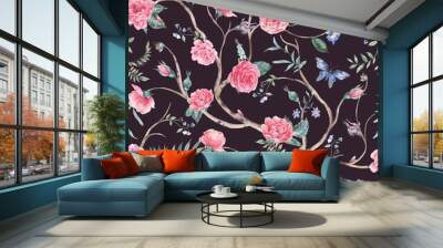 Watercolor garden rose bouquet, blooming tree seamless pattern, Chinoiserie floral texture on black Wall mural