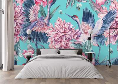 Watercolor seamless pattern with crane, pink peonies Wall mural