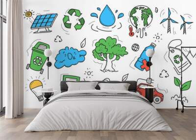 Doodle ecology icons set vector isolated. Cute and funny pictograms in hand-drawn style. Nature, recycle symbol and earth symbols. Save the planet. Wall mural