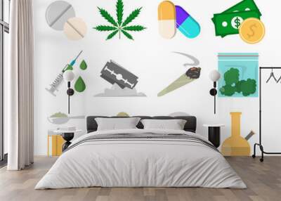 Narcotic drugs collection vector isolated. Cannabis, cigarette Wall mural