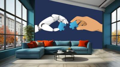 Robot and human hands holding puzzle pieces. Vector illustration of human and robot work together. Concept of teamwork and partnership. Innovation in science, modern technology. Wall mural