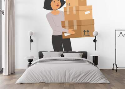 Woman holding a pile of boxes. Person working as a courier, delivery service. Brown package, idea of transportation. Heavy weight Wall mural