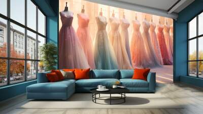 a row of pastel sequined tulle gowns hang on hangers in the store Wall mural