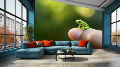 Close-up of a small green frog sitting on a finger Wall mural