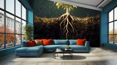 Close-up of tree roots in soil, underground texture Wall mural