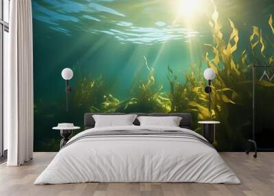 Green algae background in nature, ocean bottom Wall mural