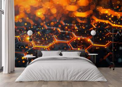 High-tech texture, black and orange hexagons Wall mural