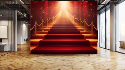 Red carpet staircase with smoke and spotlights, holiday awards ceremony event Wall mural