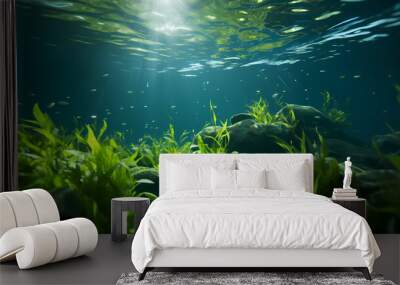 Underwater view of a set of sea bottoms with green seaweed Wall mural