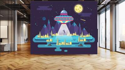 illustration of a flying saucer ufo stealing man, flat style Wall mural