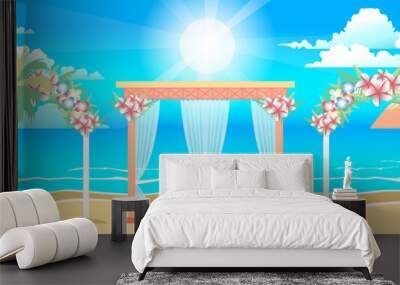 illustration of happy sunny summer day at the beach with wedding entourage on island. Bright sun, palm trees in flat style Wall mural