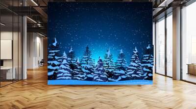 Landscape with silhouettes of snow-covered fir trees Wall mural