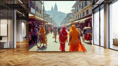 A bustling street market showcases traditional architecture, vibrant clothing, and daily life, as people walk among stalls under the clear sky and iconic landmarks in background. Wall mural