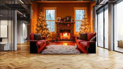 A cozy living room featuring a warm fireplace and festive Christmas decorations. Two decorated trees and comfortable seating create an inviting holiday atmosphere. Wall mural