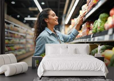 A joyful woman with long hair in a denim shirt is selecting groceries from a colorful and well-stocked aisle, demonstrating the abundance of choices in modern supermarkets. Wall mural