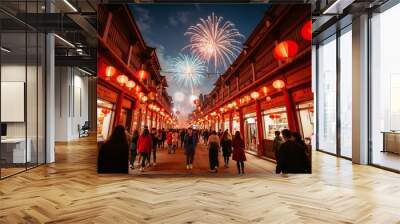 A lively night festival scene with colorful fireworks lighting up the sky, traditional lanterns hanging along the street, and people enjoying the vibrant atmosphere. Wall mural