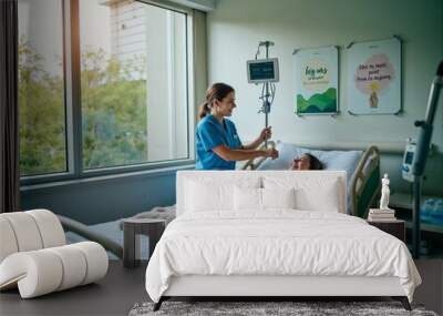 A nurse is attending to a patient in a modern hospital room, providing medical care and support. The room is well-lit with natural light, creating a peaceful and reassuring atmosphere. Wall mural