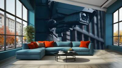 Security camera on modern building. CCTV Security system, technology. Professional surveillance cameras. Generative AI Wall mural