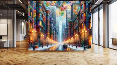 A colorful city road is illuminated by warm streetlights, with vibrant patterns in the sky and on the buildings. The street is wet and reflective, bordered by snow-covered sidewalks, (Gen, A.I.) Wall mural