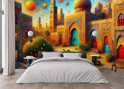 A vibrant, surreal scene showcases a Middle Eastern cityscape with intricate architectural designs under a vivid sky filled with colorful floating spheres, and a lone camel and person,  (Gen A.I.) Wall mural