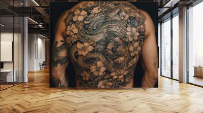 Traditional Japanese Yakuza tattoo with flowers and dragon, Generative AI Wall mural