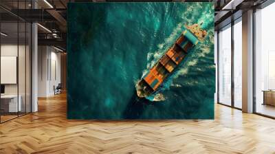 A cargo ship sailing on the water, viewed from above, import and export logistics cargo shipping transportation of goods by container ship on the open sea, cargo ship Wall mural