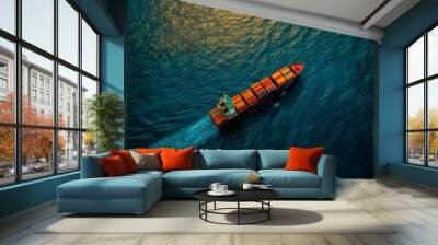 A cargo ship sailing on the water, viewed from above, import and export logistics cargo shipping transportation of goods by container ship on the open sea, cargo ship Wall mural